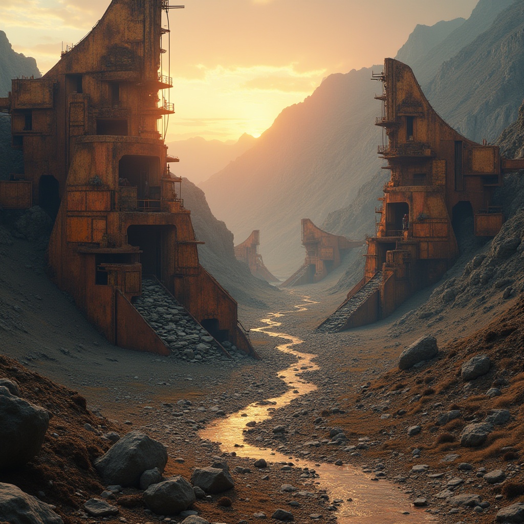 Prompt: Canyon deconstructivism style, futuristic architecture, fragmented structures, abstract shapes, rusted metal, oxidized copper, weathered stone, abandoned industrial site, canyon landscape, eerie atmosphere, warm sunset light, dramatic shadows, cinematic composition, low-angle shot, bold lines, geometric patterns, intricate details, post-apocalyptic feel, desolate environment, distant misty mountains.