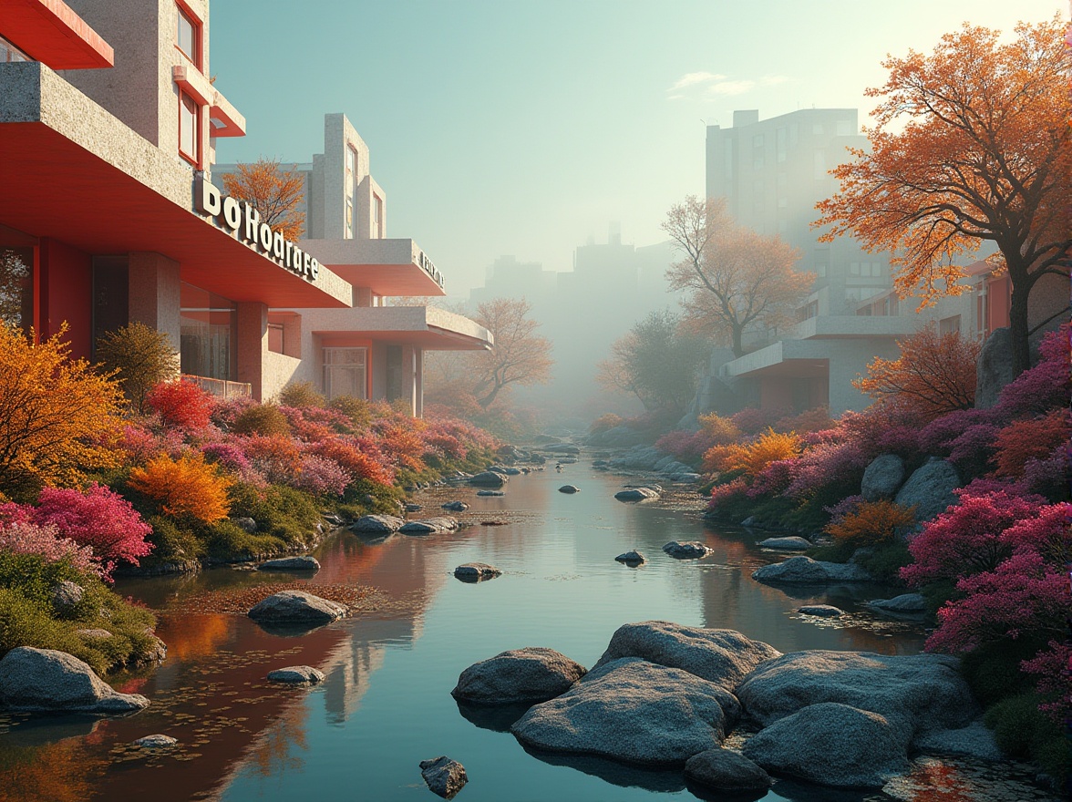 Prompt: Postmodern wetland, deconstructed bank, fragmented terrain, irregular water edges, abstract vegetation, vibrant color palette, playful typography, eclectic mix of natural and artificial elements, bold geometric shapes, distorted reflections, dreamlike atmosphere, surreal composition, 3/4 view, low-angle shot, warm lighting, misty fog, mysterious mood, futuristic feel.