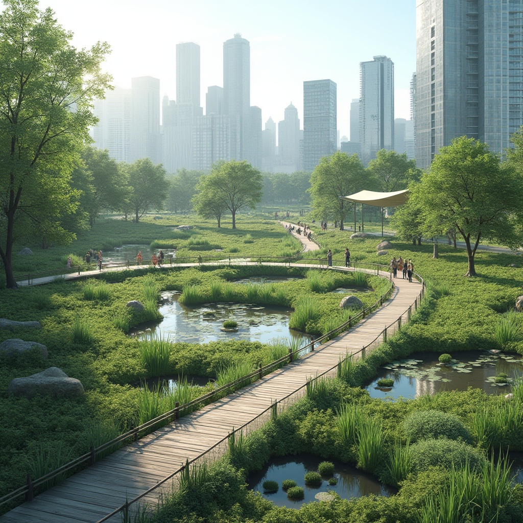 Prompt: Urban planning, wetland design, modern cityscape, skyscrapers, green architecture, eco-friendly, sustainable development, natural habitats, wildlife conservation, water purification system, artificial ponds, lush vegetation, walking trails, wooden bridges, birdwatching, educational signage, informative boards, 3/4 composition, panoramic view, soft lighting, realistic rendering.