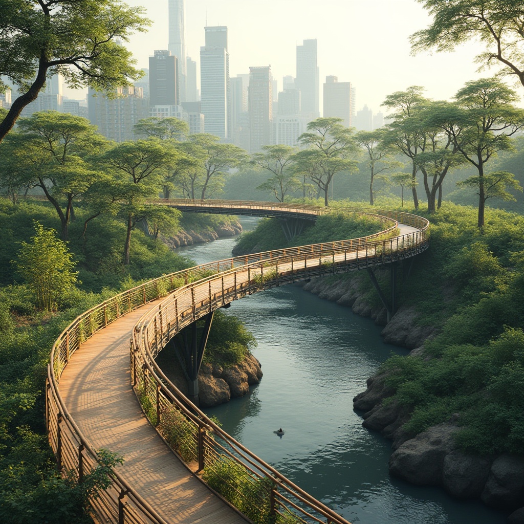 Prompt: Sustainable pedestrian bridge, modern minimalism, steel structure, wooden decking, green roof, lush vegetation, urban park, cityscape, river crossing, gentle curve, dynamic lines, natural light, soft shadows, warm tones, eco-friendly materials, recycled wood, low-carbon footprint, innovative engineering, angular pillars, cantilevered design, panoramic view, 3/4 composition, soft focus.