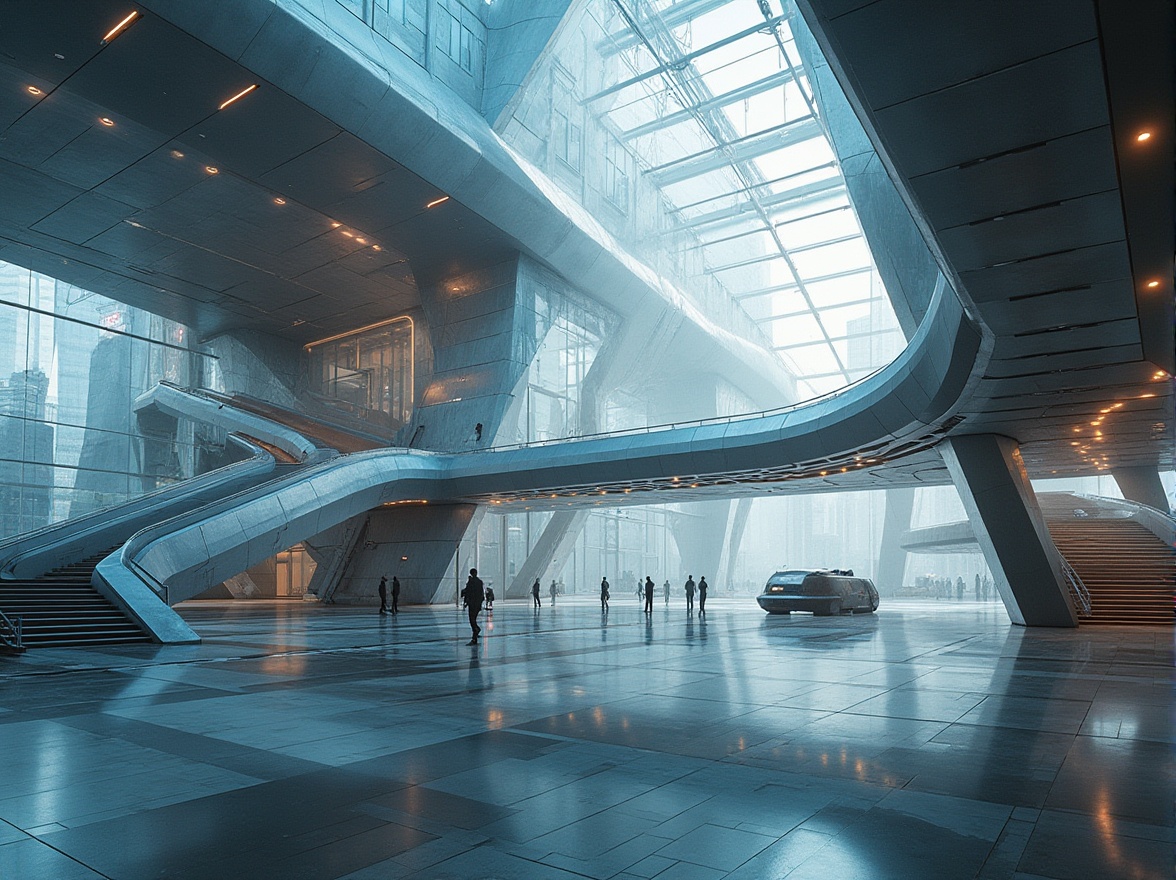 Prompt: Futuristic science center, exploring structuralism, modern architecture, geometric shapes, metallic materials, glass facade, steel beams, minimalist interior, open spaces, staircases, futuristic lighting, panoramic views, cityscape background, urban atmosphere, daytime, soft natural light, 3/4 composition, low-angle shot.