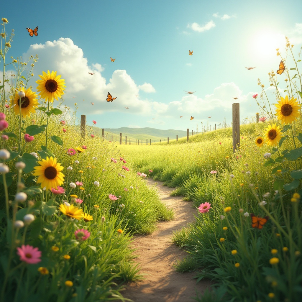 Prompt: Serene meadow scene, lush green grass, vibrant wildflowers in bloom, sunflowers towering above, butterflies fluttering around, gentle breeze rustling petals, warm sunlight casting a soft glow, few puffy white clouds drifting lazily across the sky, a winding dirt path disappearing into the distance, wooden fence posts scattered about, rustic rural charm, 3/4 composition, shallow depth of field, cinematic lighting, peaceful atmosphere.