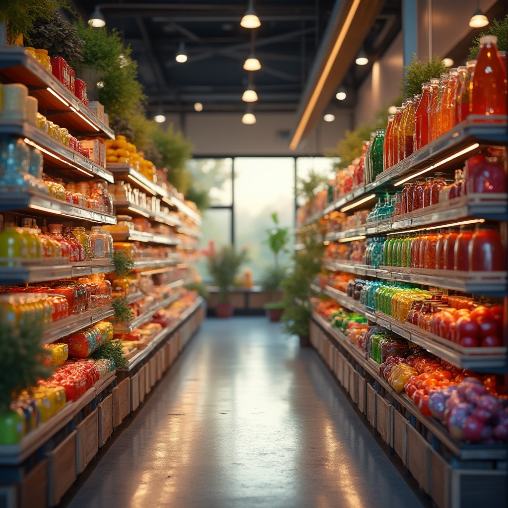 Prompt: Vibrant grocery store interior, modern architecture, rows of shelves, colorful products, impact of colored glass, transparent glass shelves, rainbow-colored bottles, jars, and containers, warm lighting, 3/4 composition, shallow depth of field, soft focus on background, realistic reflection on glass surfaces, morning light, HDR.