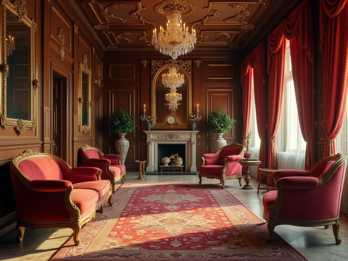 Prompt: Classic spaces, luxurious interior, antique wooden furniture, velvet sofas, golden frames, ornate mirrors, crystal chandeliers, marble floors, richly textured rugs, intricate carvings, elegant vases, decorative clocks, lavish drapery, regal atmosphere, warm soft lighting, 3/4 composition, shallow depth of field, cinematic mood, HDR.