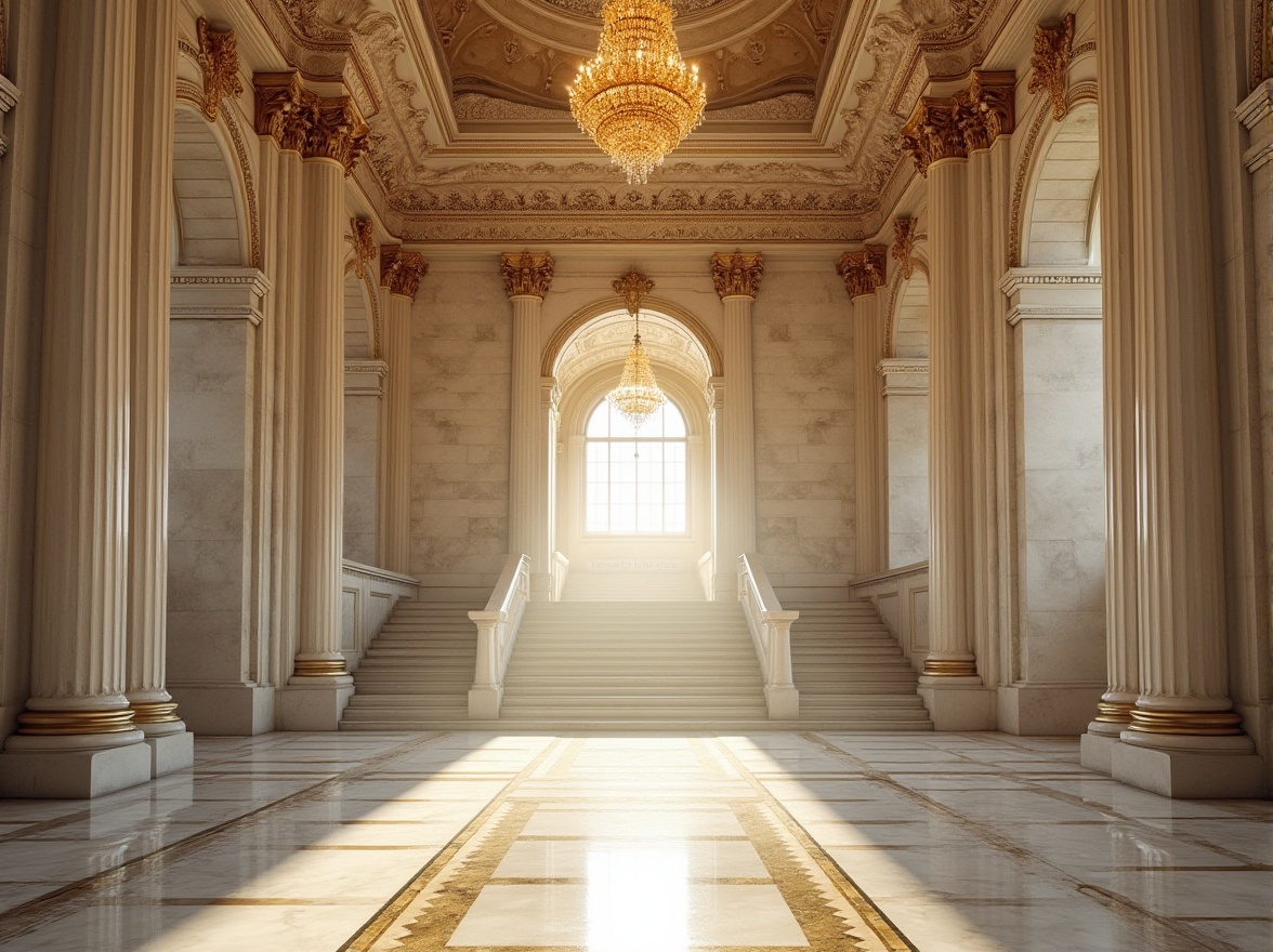 Prompt: Neoclassical building, grand entrance, ornate columns, Plastered Concrete walls, marble-like texture, smooth finish, detailed carvings, intricate patterns, golden accents, lavish chandelier, sweeping staircase, majestic arches, symmetrical composition, bright natural light, warm afternoon sunlight, cinematic atmosphere, 3/4 view, low-angle shot.