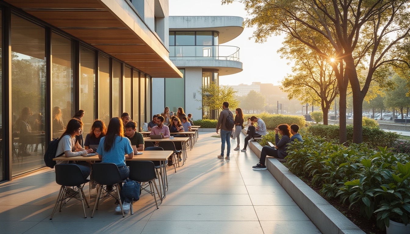 Prompt: Streamline Moderne youth center, incorporating limestone, modern minimalist architecture, glass walls, steel frames, sleek lines, curved roofs, vibrant greenery, urban surroundings, cityscape background, afternoon sunlight, warm ambient lighting, 3/4 composition, facial close-up, group of happy teenagers, casual wear, ripped jeans, sneakers, laptops, backpacks, learning together, collaborative atmosphere, wooden tables, metal chairs, limestone cladding, geometric patterns, smooth textures.