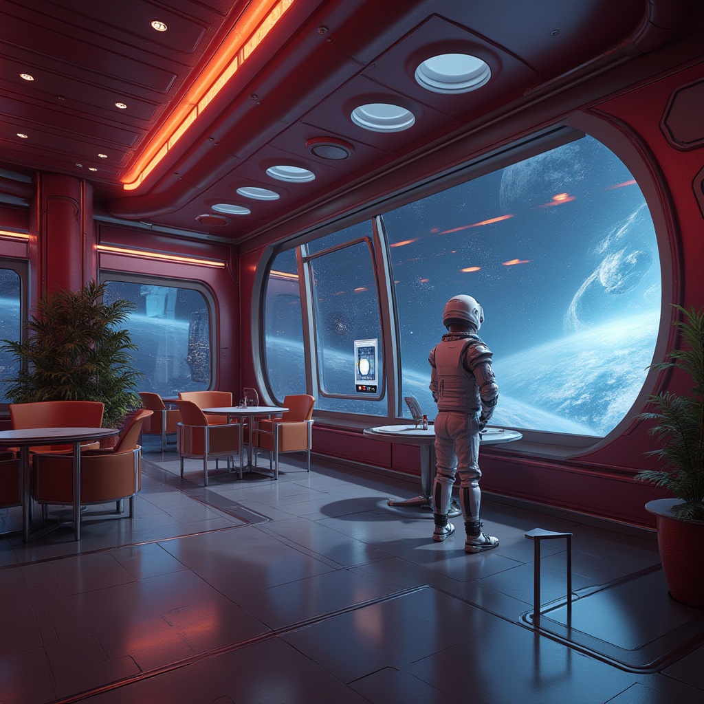 Prompt: Futuristic space station, maroon accent walls, metallic floors, holographic screens, sleek lines, minimalist decor, modern chairs, round tables, potted plants, ambient lighting, soft shadows, 3/4 composition, low-angle shot, cinematic feel, deep space background, stars and planets visible through large windows, astronaut in futuristic suit, helmet on, looking out the window, contemplative expression.