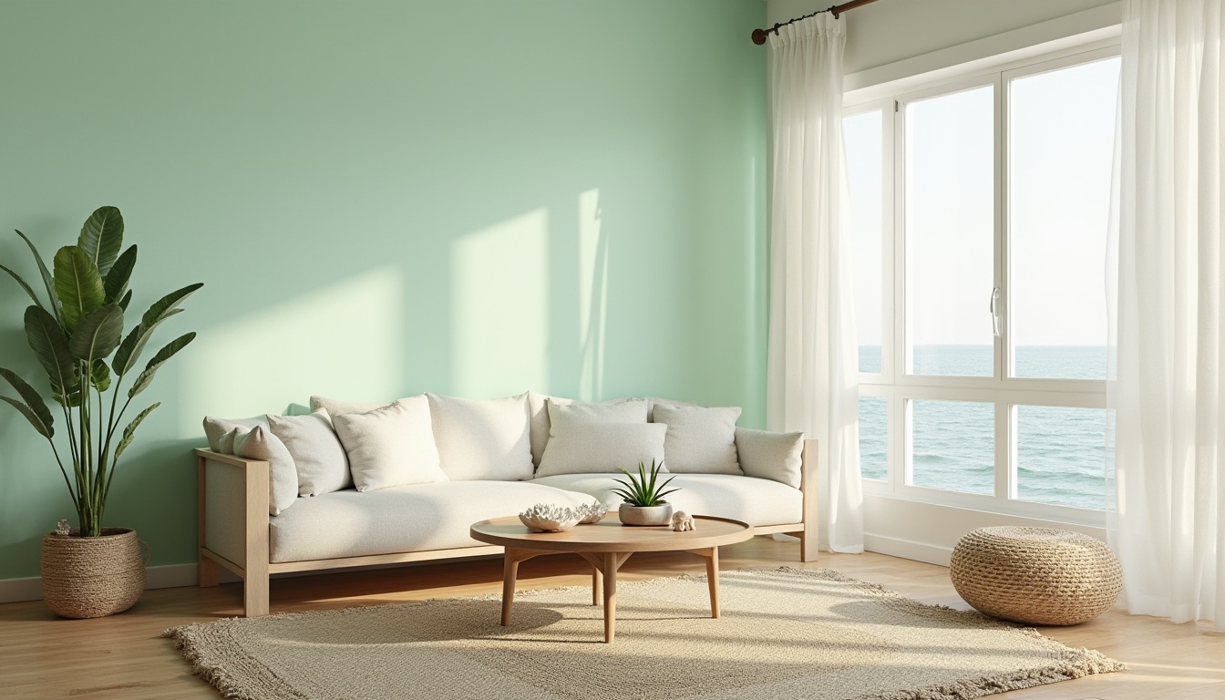 Prompt: Coastal design, calming ambiance, mint green accent wall, minimalist furniture, woven sea grass rug, natural texture, driftwood coffee table, coral-inspired decorative objects, ocean-view window, soft white curtains blowing gently, beachy vibe, refreshing atmosphere, pastel color palette, serene composition, warm sunlight streaming in, coastal plants like succulents and aloe vera, shells and starfish decorations, airy feel, subtle wave pattern on fabric.