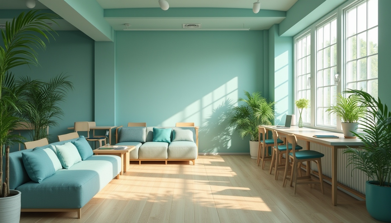 Prompt: teal color, refreshing atmosphere, student hall, modern minimalist interior, Scandinavian style furniture, simple geometric patterns, wooden floor, natural light pouring through large windows, potted plants with green leaves, comfortable cushioned chairs, laptops and books scattered on tables, soft warm lighting, afternoon scene, 3/4 composition, shallow depth of field.