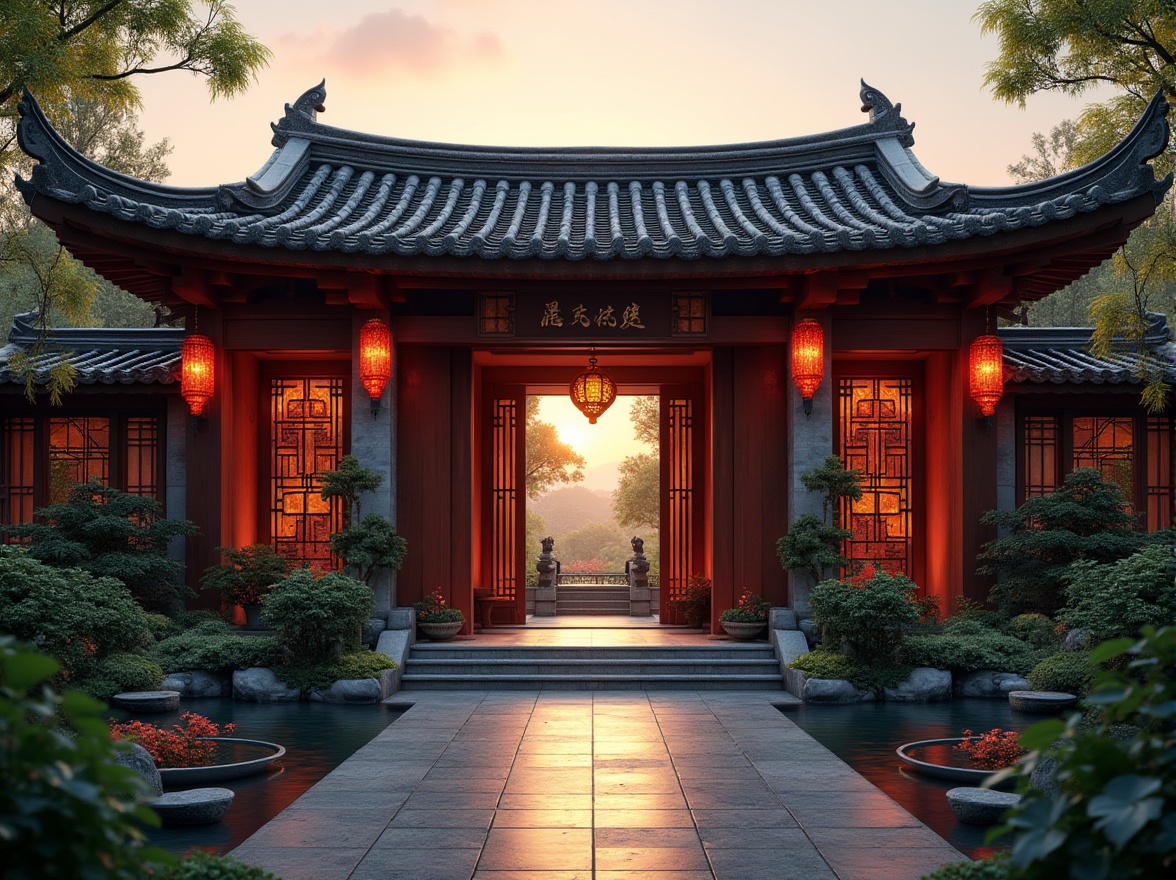 Prompt: Traditional Chinese roof tiles, modern minimalist facade, intricately carved wooden doors, ornate lanterns, grand entrance gate, curved lines, vibrant red accents, lush greenery surrounding, natural stone foundation, stepped eaves, upturned roof corners, courtyard with koi pond, subtle lighting, warm sunset ambiance, 3/4 composition, cinematic depth of field.