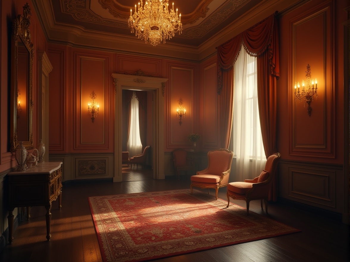 Prompt: Classic interior, luxurious ambiance, warm lighting, crystal chandelier, golden sconces, soft glow, wooden floor, intricate moldings, velvet drapes, ornate furniture, Victorian-style armchair, marble tabletop, richly textured carpet, subtle shading, dramatic spotlights, ambient illumination, 3/4 composition, soft focus, cinematic mood, warm color palette.