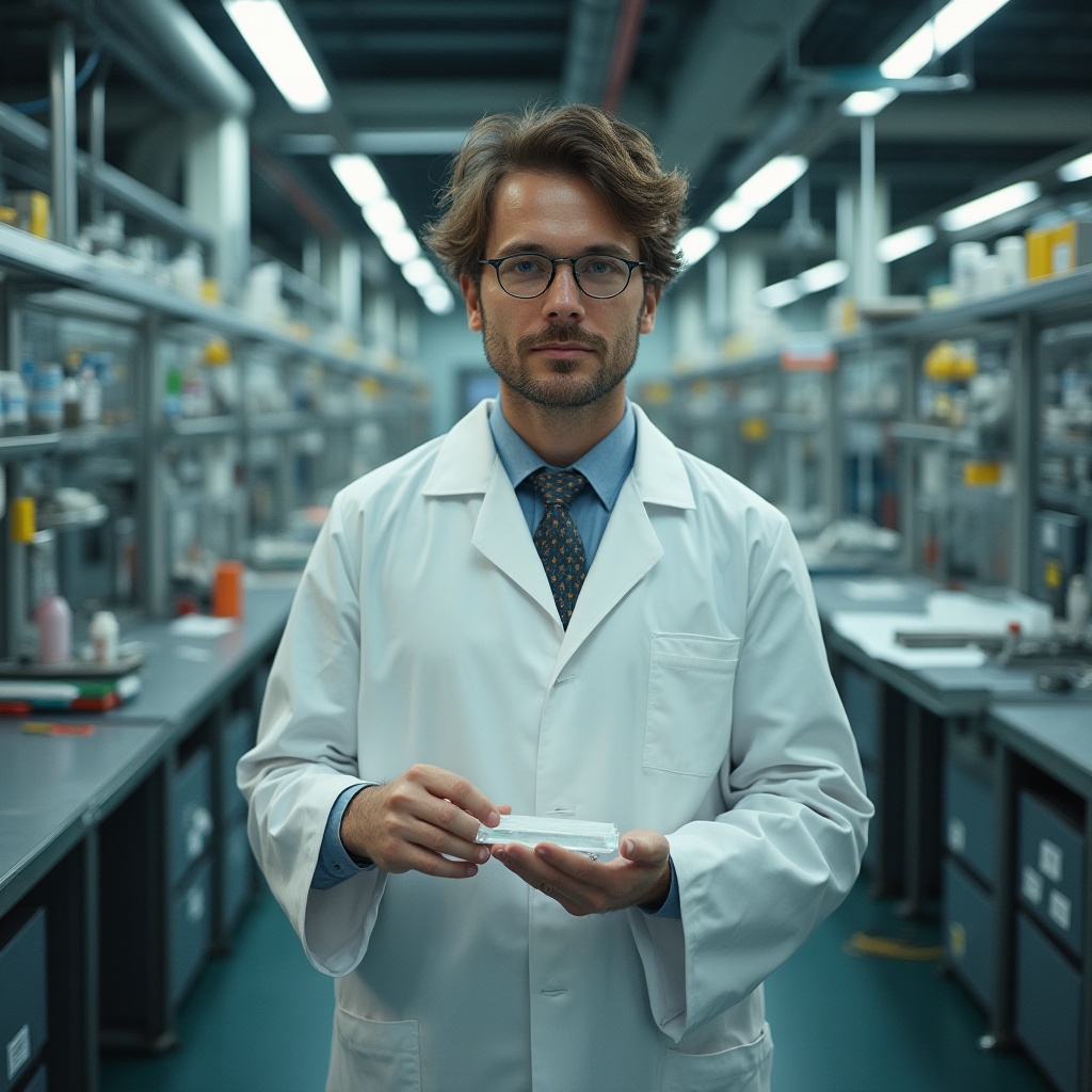 Prompt: Futuristic, high-tech laboratory interior, scientist, male, 30s, white lab coat, glasses, messy brown hair, stubble, holding fibreglass sample, standing, industrial machinery background, pipes, wires, metal tables, bright fluorescent lighting, shallow depth of field, cinematic composition, warm color tone, soft focus, product design, material study, modern architecture.