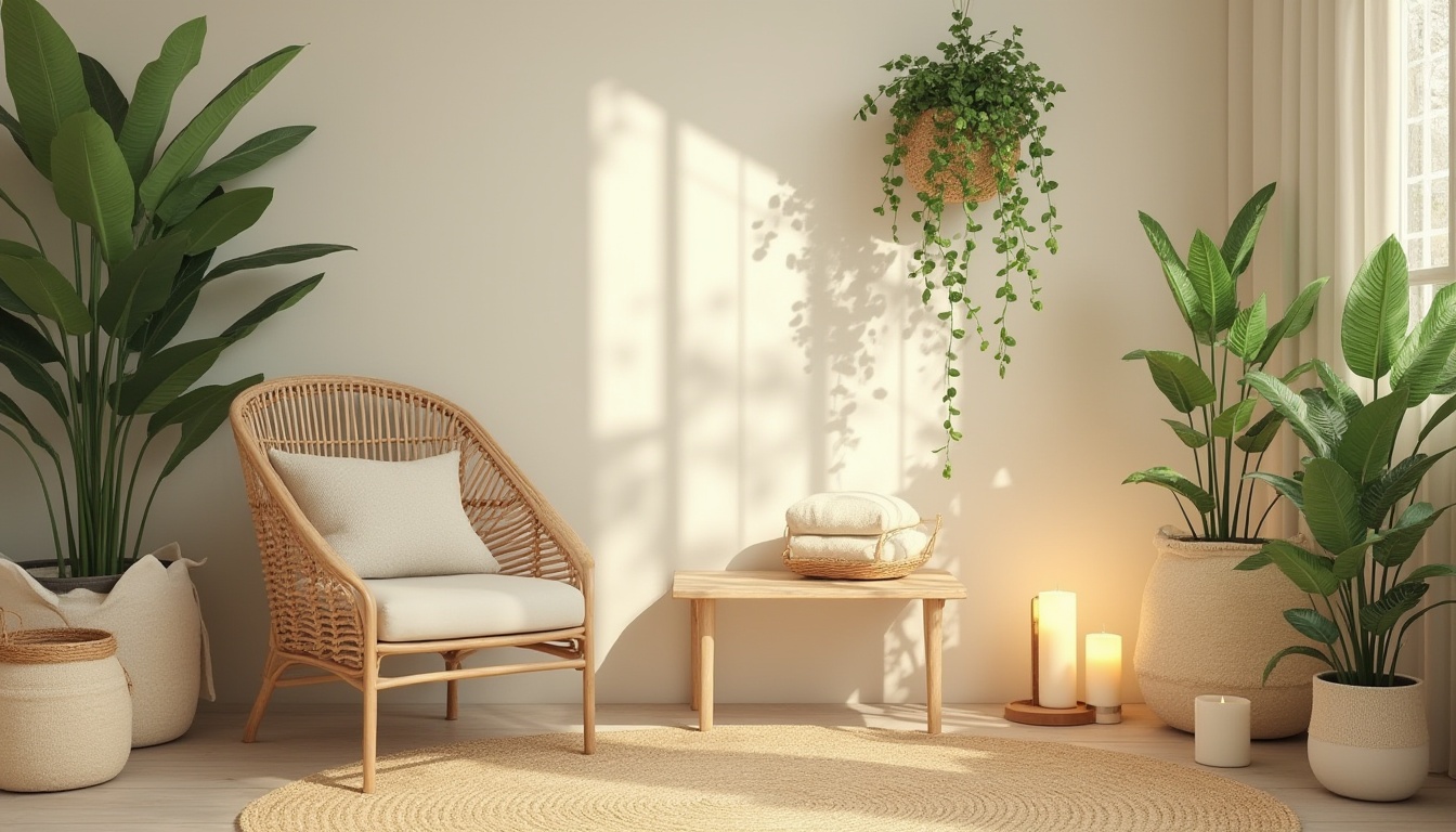 Prompt: Healing environments, calm atmosphere, natural materials, wooden accents, plants everywhere, gentle color palette, soft pastel hues, beige, sage green, sandy white, creamy textures, woven baskets, rattan furniture, natural fabrics, jute rug, minimalist decor, peaceful ambiance, warm lighting, candles, lanterns, serene background, 3/4 composition, shallow depth of field, realistic rendering.