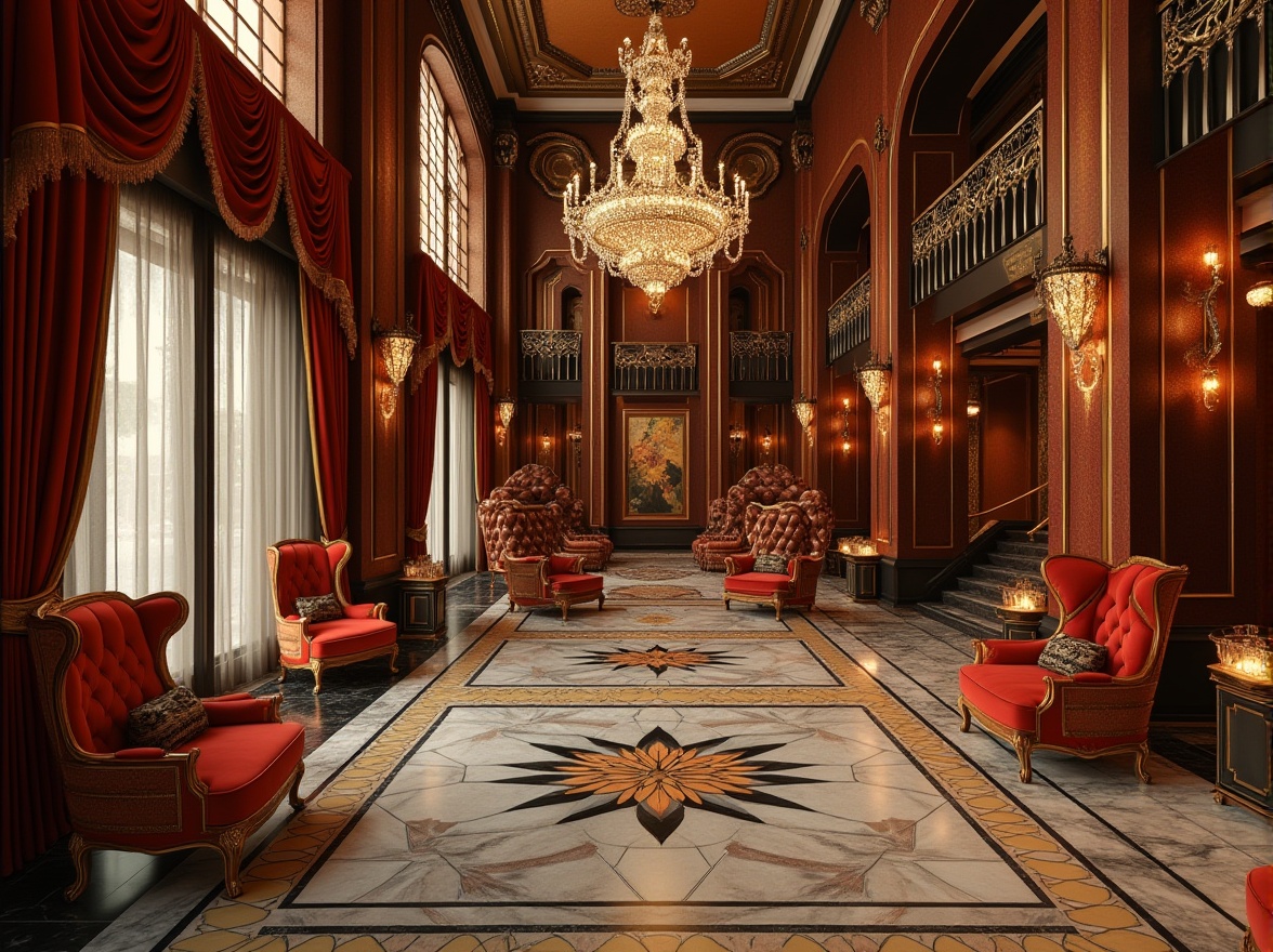 Prompt: Luxurious interior, art deco inspired, opulent furniture, geometric patterns, metallic accents, ornate decorations, lavish chandeliers, marble floors, grand staircase, velvet drapes, golden frames, bold color palette, 1920s glamour, sophisticated ambiance, warm lighting, dramatic shadows, high contrast, cinematic composition, wide-angle shot.