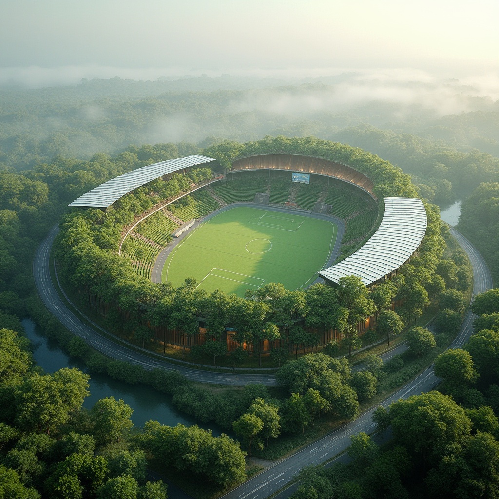 Prompt: Modern eco-friendly stadium, green architecture, sustainable practices, solar panels on roof, rainwater harvesting system, natural ventilation, recyclable materials, energy-efficient LED lighting, lush greenery, vertical garden walls, urban forest surroundings, misty morning atmosphere, soft warm lighting, 3/4 composition, shallow depth of field, panoramic view.