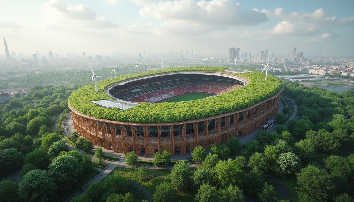 Prompt: Modern stadium, sustainable practices, eco-friendly design, green roof, solar panels, wind turbines, rainwater harvesting system, recycling facilities, energy-efficient lighting, natural ventilation, large windows, minimal waste, recyclable materials, bamboo or reclaimed wood structure, living walls, green spaces, urban forest, cityscape, daytime, cloudy sky, soft natural light, 3/4 composition, cinematic atmosphere.