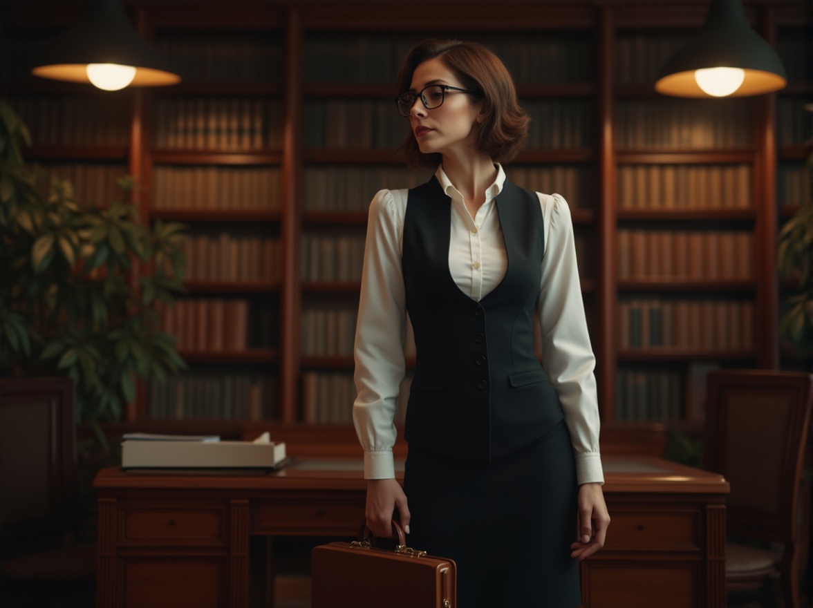 Prompt: Elegant professor, mature lady, 40yo, short brown hair, subtle makeup, glasses, white blouse, black waistcoat, formal skirt, high heels, holding a briefcase, standing in front of a wooden desk, surrounded by bookshelves, dimmed lighting, warm colors, cozy atmosphere, subtle shadows, depth of field, cinematic composition.