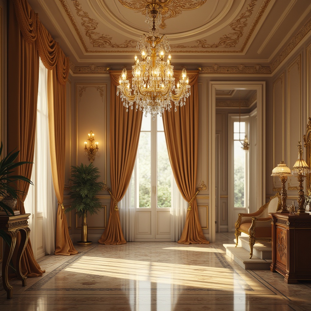 Prompt: Classic interior, luxurious chandelier, crystal drops, golden metal frame, ornate details, dimmable, warm white light, 3/4 composition, softbox lighting, elegant ambiance, grand staircase, marble flooring, velvet drapes, rich wooden furniture, vintage decorations, warm beige walls, subtle texture, regal atmosphere, afternoon sunlight filtering through curtains.