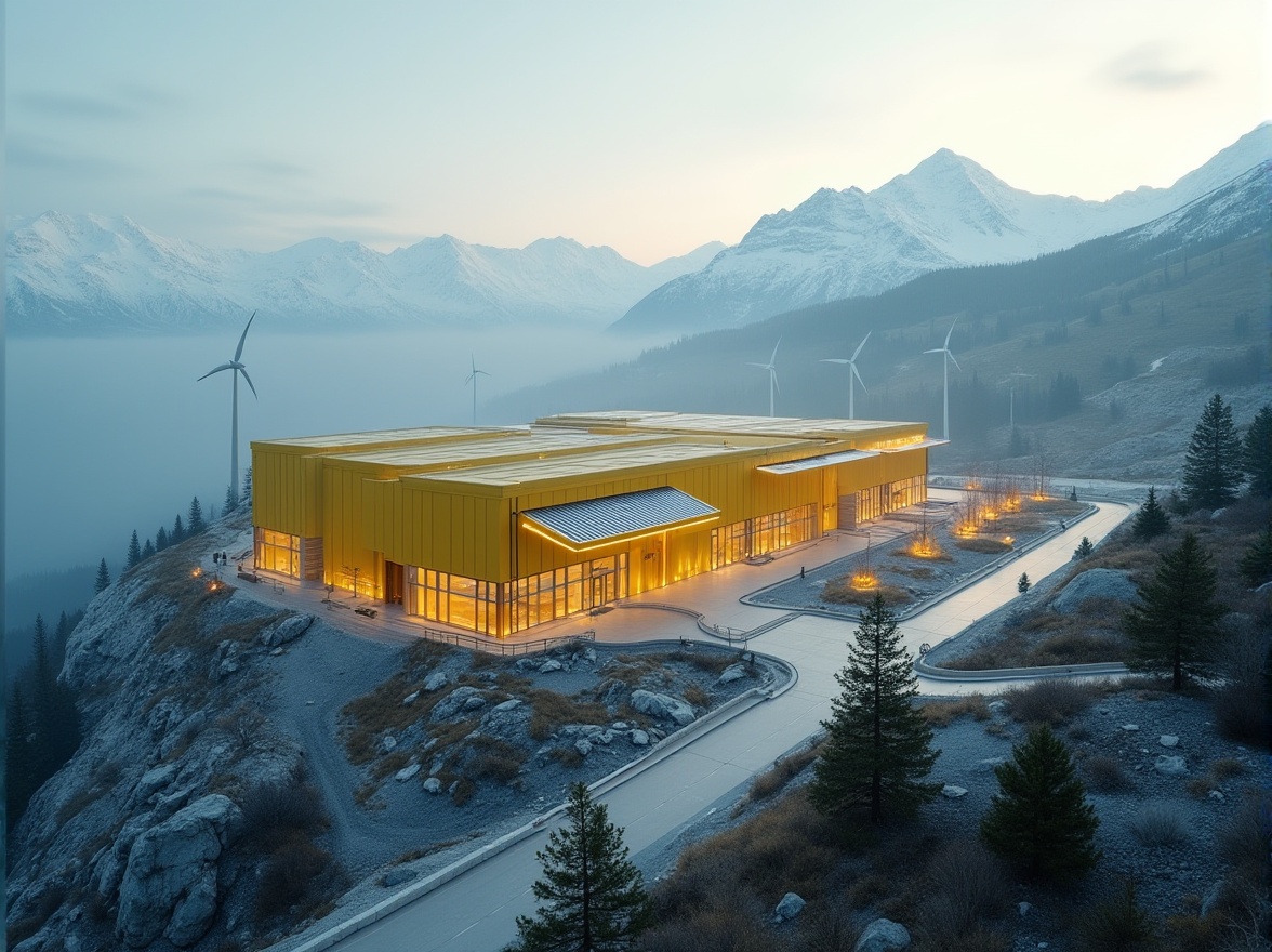 Prompt: Mountainous energy plant, modern architecture, light yellow color scheme, sleek lines, metallic materials, glass facades, angular structures, minimalist decorations, snow-capped mountains, misty atmosphere, foggy mornings, dramatic lighting, warm glow, industrial pipes, steel frames, solar panels, wind turbines, gentle slopes, rocky terrain, pine trees, rustic roads, serene ambiance, panoramic view, high-angle shot, cinematic composition, ambient light.