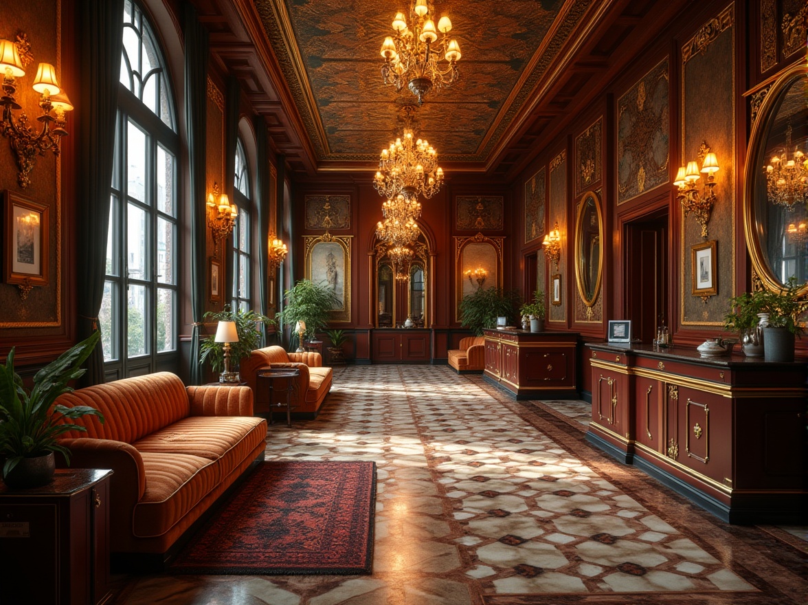 Prompt: Luxurious hostel interior, Art Deco patterns, geometric shapes, metallic accents, ornate mirrors, marble floors, velvet sofas, rich wood paneling, intricate moldings, lavish chandeliers, bold color schemes, luxurious fabrics, opulent textiles, vintage luggage, antique furniture, urban loft atmosphere, high ceilings, industrial windows, dramatic lighting, 3/4 composition, warm tone, cinematic ambiance.