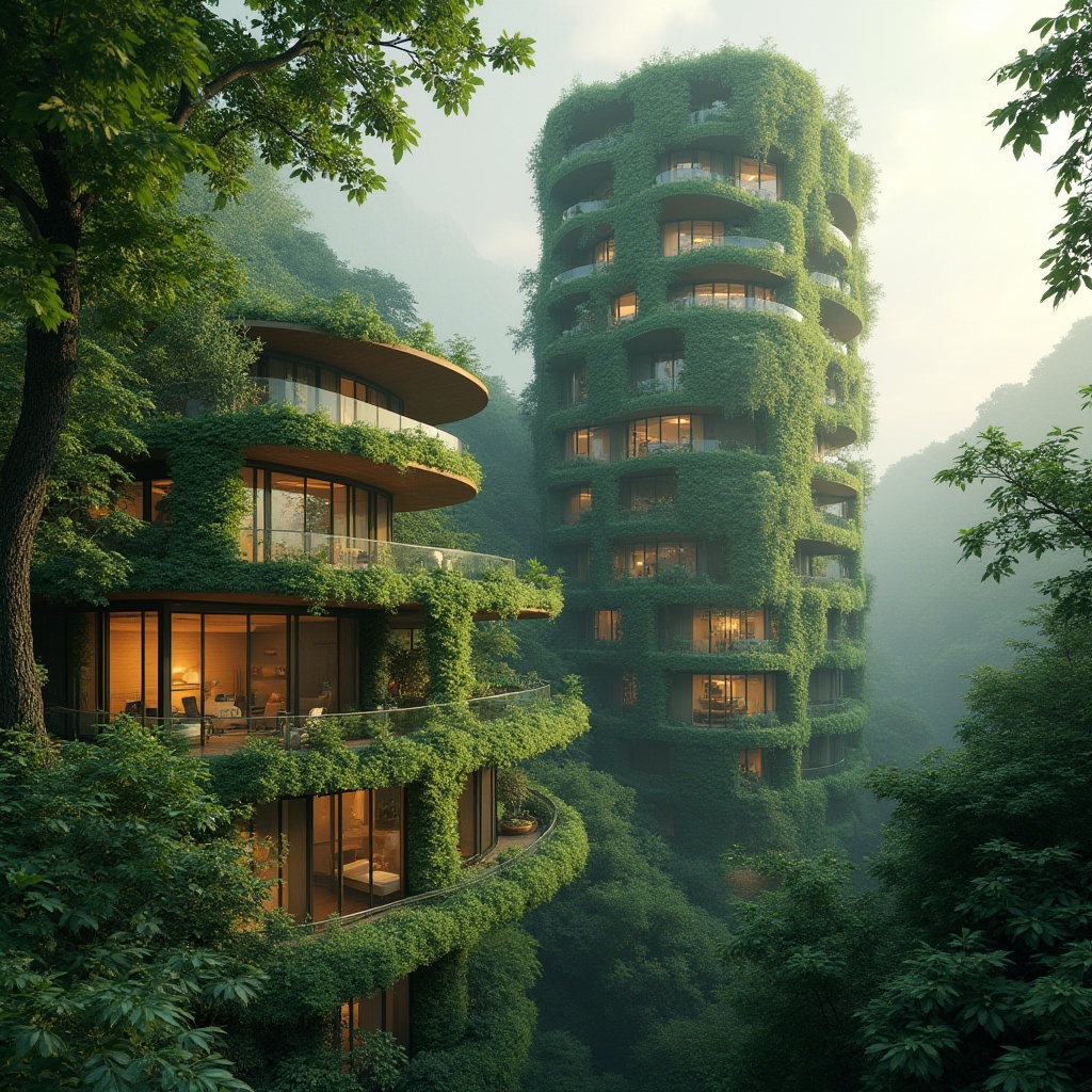 Prompt: Green buildings, sustainable architecture, futuristic skyscraper, modern villa, tropical rainforest, calm atmosphere, natural light, lush green walls, vertical garden, living facade, recycled materials, wooden texture, glass windows, steel frames, urban jungle, cityscape, misty morning, warm sunlight, soft focus, cinematic composition.