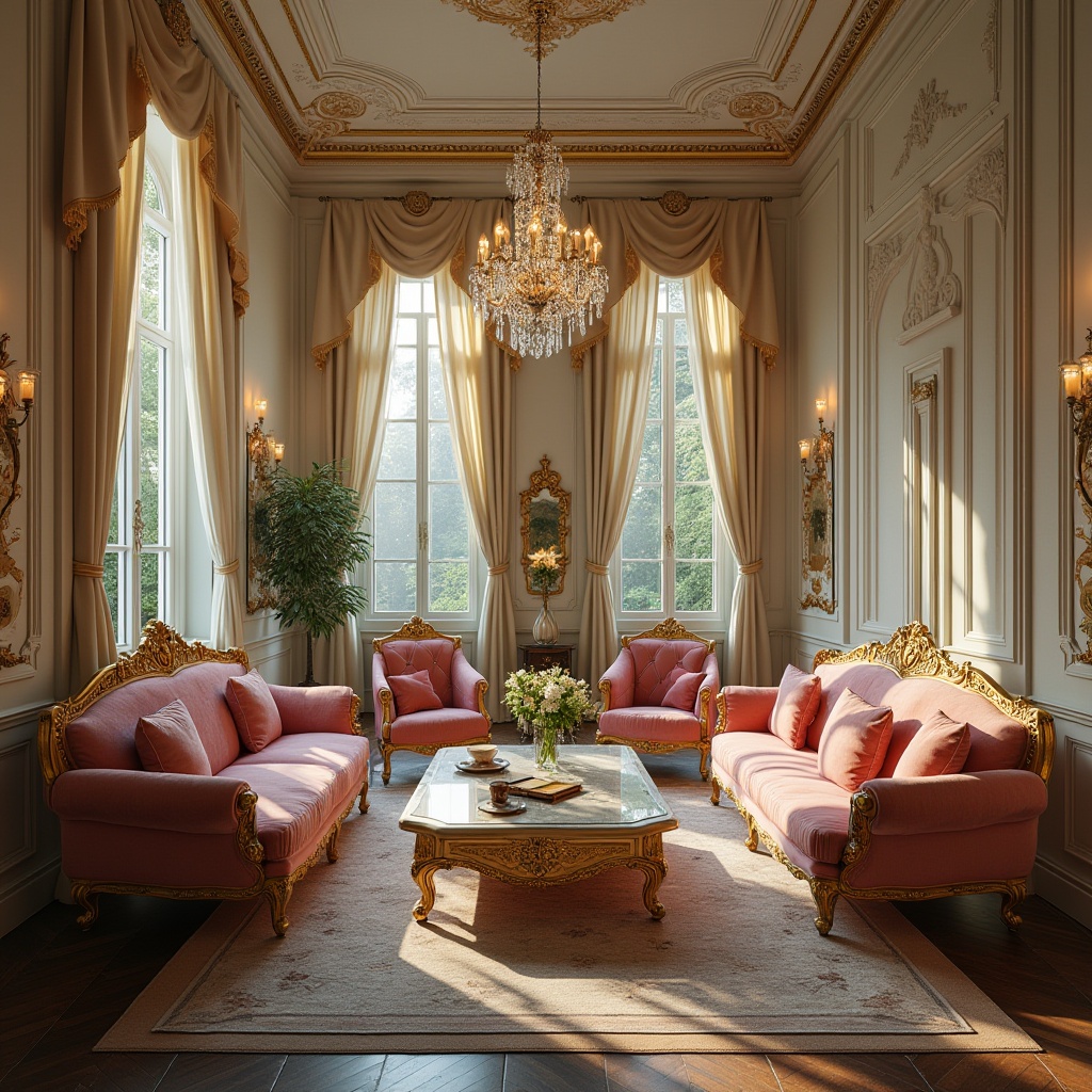 Prompt: Classic spaces, luxurious interior, elegant furniture, Victorian style, richly textured velvet sofas, intricately carved wooden chairs, ornate golden frames, crystal chandeliers, marble coffee tables, soft cream-colored walls, dark wood flooring, floor-to-ceiling windows, heavy drapery, subtle lighting, warm ambient atmosphere, 3/4 composition, shallow depth of field, natural morning light.