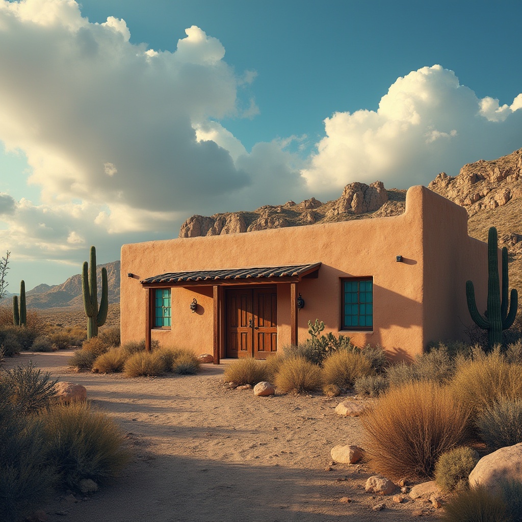 Prompt: Canyon Clinic, southwestern USA, adobe style building, earthy tone walls, wooden doors, turquoise window frames, ceramic roof tiles, desert landscape, cacti, rocky terrain, vast blue sky, dramatic clouds, warm golden lighting, low-angle shot, 3/4 composition, shallow depth of field, rustic texture, earthy material, natural ambiance.