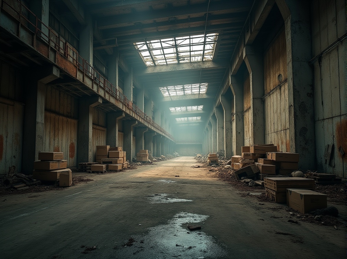 Prompt: Abandoned distribution center, postmodern architecture, industrial decay, rusty metal beams, crumbling concrete walls, shattered glass windows, broken pallets, scattered cardboard boxes, dimly lit, foggy atmosphere, misty ambiance, warm color tone, cinematic composition, shallow depth of field, Dutch angle shot, dramatic lighting, contrasty shadows, abstract expressionism.