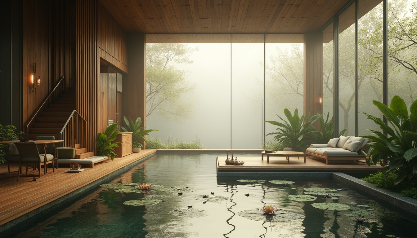 Prompt: Wetland architecture, modern villa, bronze color accents, luxurious interior design, large windows, natural light, wooden floor, minimalist furniture, green plants, water features, lotus flowers, misty atmosphere, foggy morning, serene ambiance, 3/4 composition, softbox lighting, shallow depth of field, cinematic mood, warm tone.