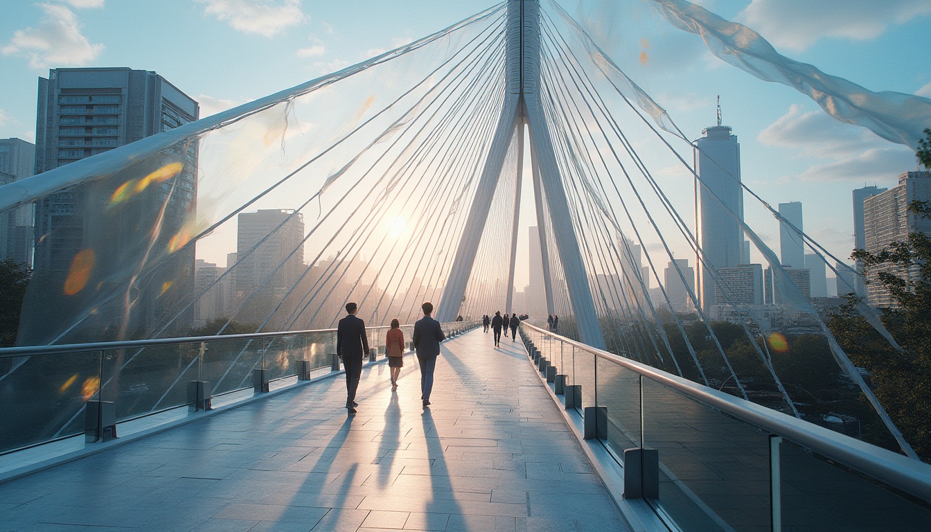 Prompt: Modern pedestrian bridge, innovative fabrics material, suspension bridge, steel cables, translucent membrane, iridescent colors, shimmering effect, soft glow, urban landscape, cityscape, skyscrapers, bustling streets, daytime, natural light, dramatic shadows, 3/4 composition, low-angle shot, atmospheric perspective, realistic rendering, detailed textures.