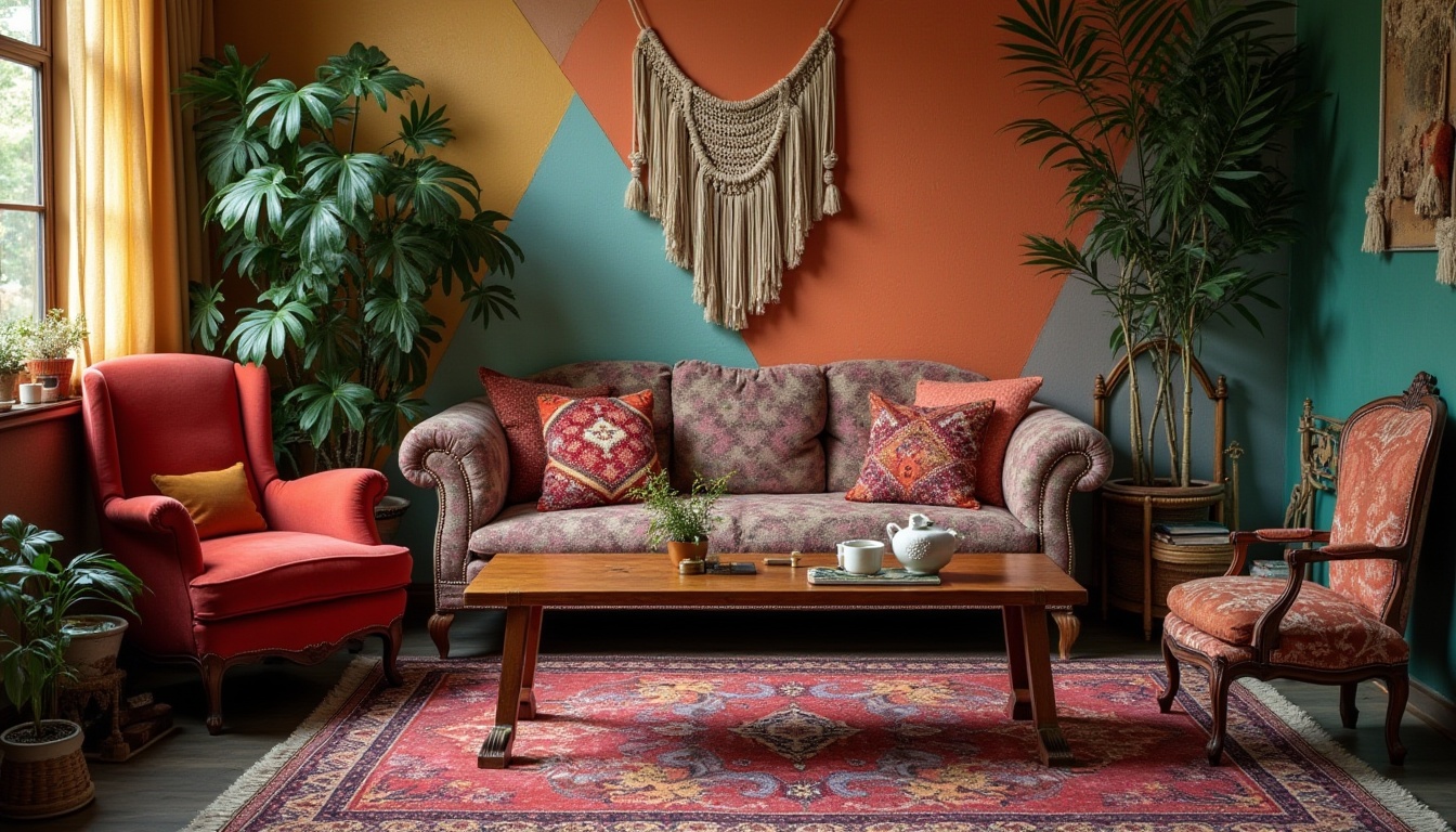 Prompt: Eclectic interior, bohemian chic, vibrant colors, mixed patterns, antique furniture, velvet armchair, wooden coffee table, colorful rug, exotic plants, macrame wall hanging, warm lighting, cozy atmosphere, 3/4 composition, soft focus, warm color tone, shallow depth of field.