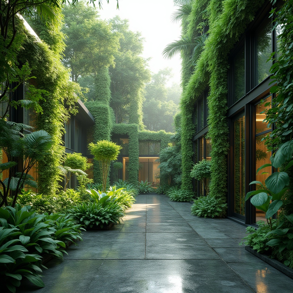 Prompt: Green architecture, modern building, lush green walls, glass windows, steel frames, sleek lines, minimalistic, urban jungle, cityscape, morning dew, natural light, soft shadows, calming atmosphere, eco-friendly, sustainable design, vibrant greenery, tropical plants, leafy patterns, textured concrete, wooden accents, natural materials, harmonious integration, serene ambiance, 3/4 composition, wide-angle shot, cinematic lighting.