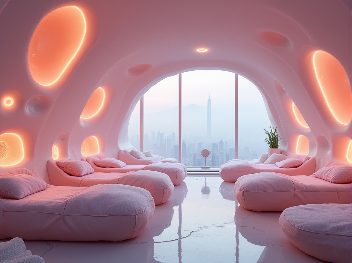 Prompt: Blob-inspired dormitory, futuristic ambiance, rounded blob-like furniture, pastel color scheme, soft glowing neon lights, iridescent accents, undulating walls, fluid-like architecture, minimalist decor, cozy nooks, futuristic pods, private sleeping areas, communal lounge space, floor-to-ceiling windows, panoramic city view, misty morning atmosphere, warm and inviting ambient lighting, 3/4 composition.