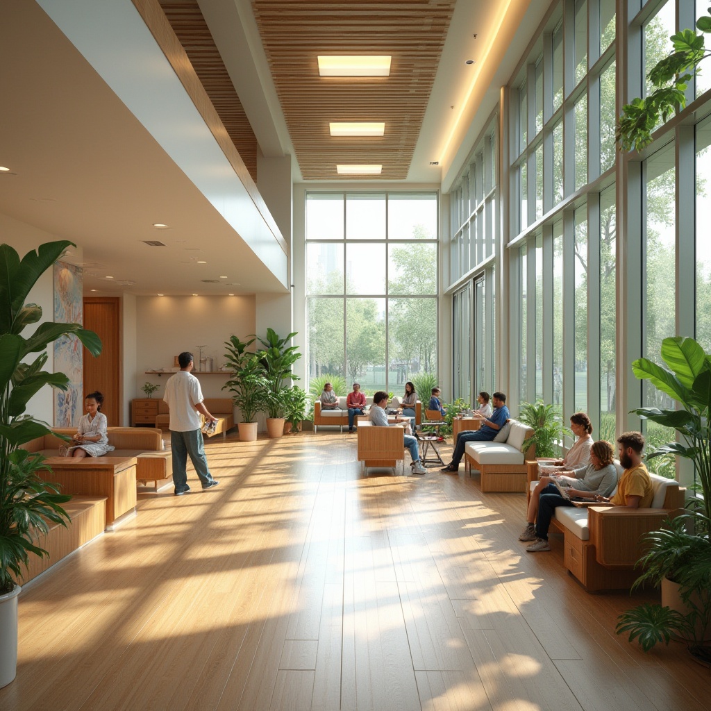 Prompt: Modern healthcare center, community space, large glass windows, natural light, wooden flooring, comfortable seating area, green plants, calming color scheme, gentle curves, peaceful atmosphere, patients socializing, medical staff interacting, children's play area, reading nook, warm lighting, open layout, minimalist decor, vibrant artwork, indoor garden, water feature, soft music, relaxation zone, wellness program, community engagement, healthcare innovation, futuristic architecture, natural materials, earthy tones, serene ambiance, healing environment.