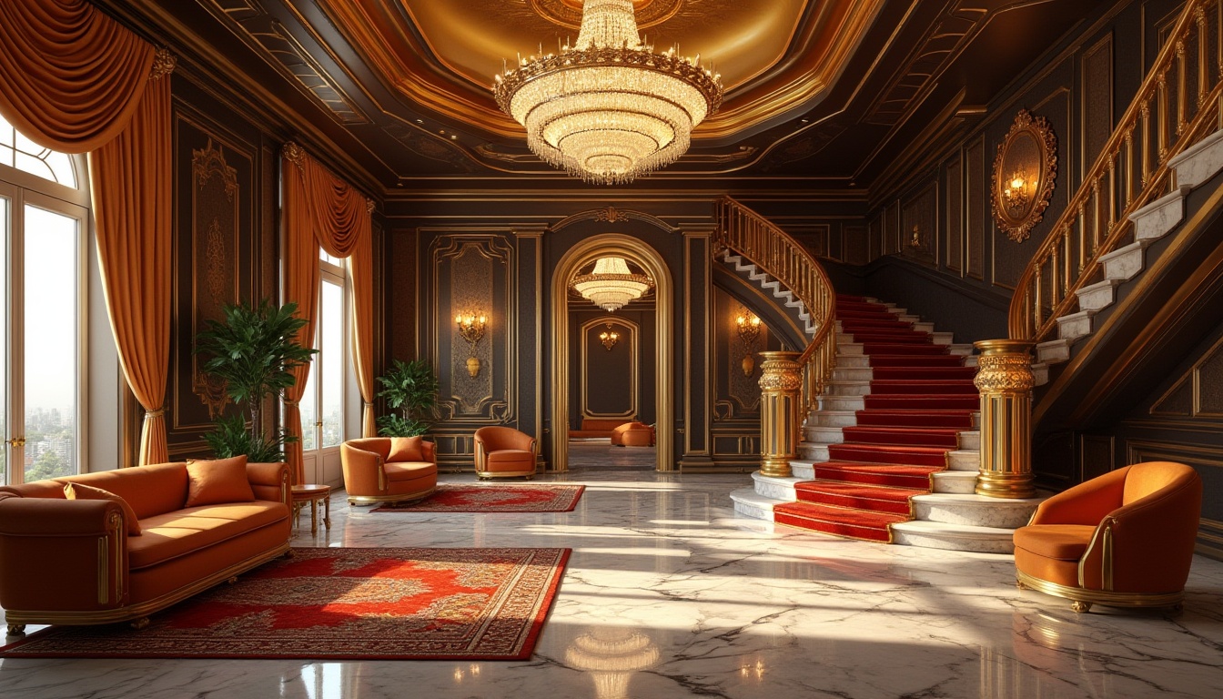 Prompt: Luxurious interior, Art Deco style, geometric patterns, metallic accents, lavish furnishings, ornate mirrors, crystal chandeliers, marble floors, velvet drapes, grand staircase, opulent rugs, vintage decorative items, elegant atmosphere, warm golden lighting, 3/4 composition, shallow depth of field, cinematic mood, high-end materials.