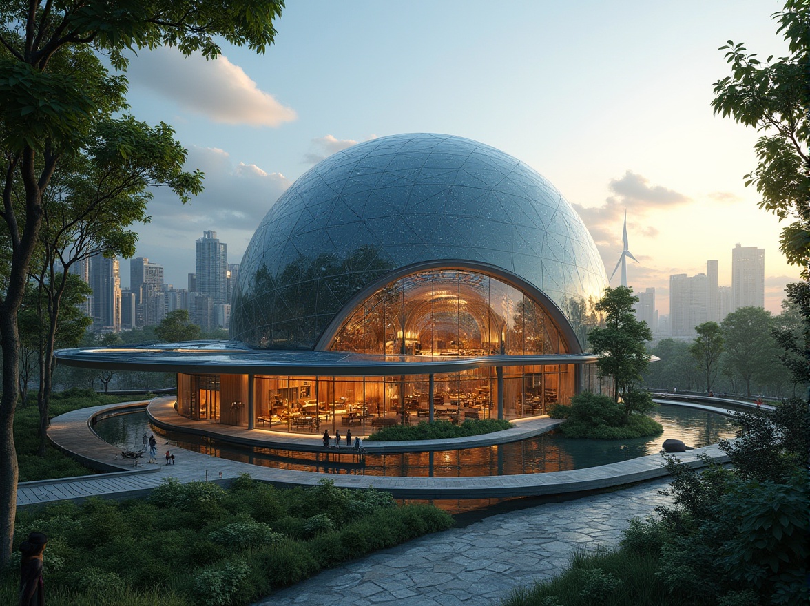 Prompt: Futuristic planetarium, fusion architecture, sustainable practices, eco-friendly materials, green walls, solar panels, wind turbines, recyclable steel beams, curved glass façade, panoramic view, 3/4 composition, soft natural lighting, ambient atmosphere, evening time, stars and constellations visible through transparent dome, urban skyline in distance, lush greenery surrounding building, tranquil water features, wooden accents, minimalist interior design, interactive exhibits, digital displays, stargazing areas, educational zones, circular seating, futuristic furniture, zero-waste policy, energy-efficient systems.