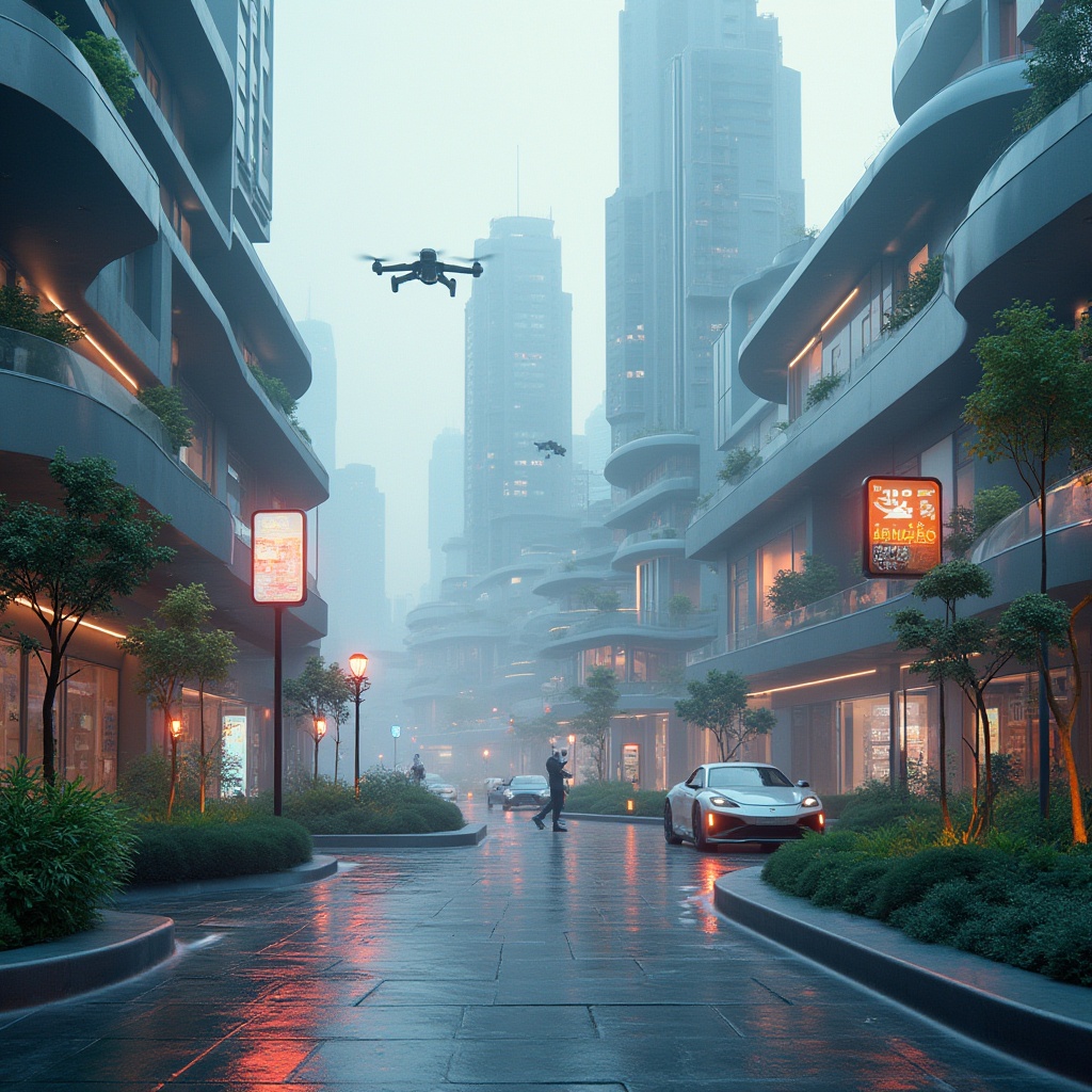 Prompt: Suburban space, futuristic architecture, sleek lines, neon lights, holographic advertisements, levitating cars, robots passing by, virtual reality interfaces, augmented reality information boards, self-sustaining ecosystems, green roofs, vertical farming, eco-friendly materials, geometric shapes, metallic surfaces, minimalist landscaping, LED streetlights, curved skyscrapers, hovering drones, misty atmosphere, futuristic bicycles, autonomous delivery robots, virtual pets playing.