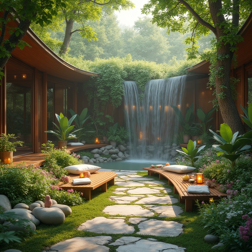 Prompt: Serenity outdoor healing space, lush greenery, vibrant flowers, calming waterfall, wooden benches, natural stone pathways, gentle mist, warm sunlight filtering through trees, peaceful atmosphere, holistic wellness center, yoga mats, meditation cushions, lanterns, candles, aromatherapy, soft instrumental music, nature sounds, birds chirping, leaves rustling, calming colors, harmonious architecture, curved lines, organic shapes, serene ambiance, natural materials, reclaimed wood, living walls, green roofs, eco-friendly design.