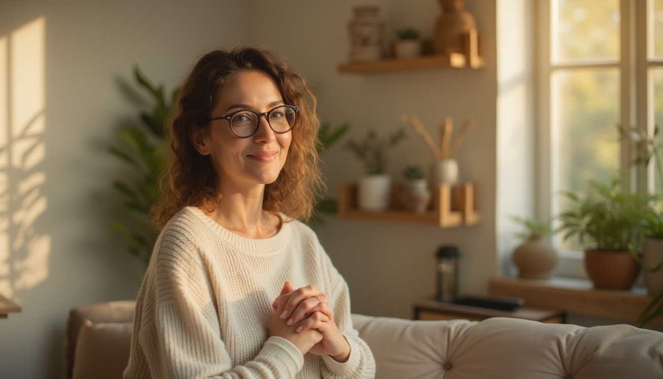 Prompt: Calming beige therapy room, mature lady therapist, gentle smile, glasses, curly brown hair, soft makeup, comfortable clothing, seated on a couch, hands clasped together, warm lighting, wooden furniture, plants on shelves, large windows with natural light, peaceful garden view, subtle texture on walls, earthy tones, minimal decor, serene atmosphere, shallow depth of field, cinematic composition, warm ambient light, relaxing mood.