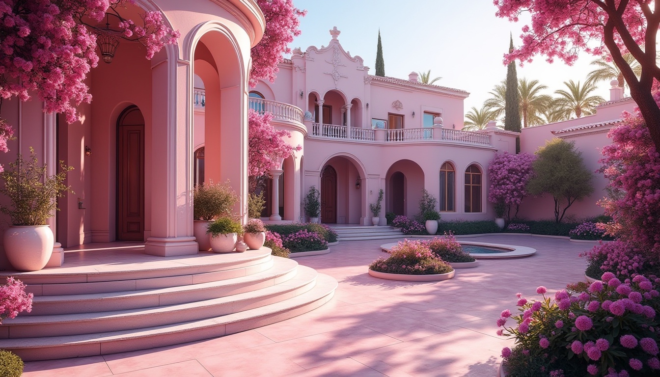 Prompt: Fuchsia-colored regionalism architecture, vibrant pinkish-purple tone, ornate intricate details, Mediterranean-inspired villa, white stone walls, curved lines, grand entrance, sprawling garden, lush greenery, blooming fuchsia flowers, bright sunlight casting dramatic shadows, warm ambient lighting, 3/4 composition, shallow depth of field, cinematic color grading, soft focus on background.