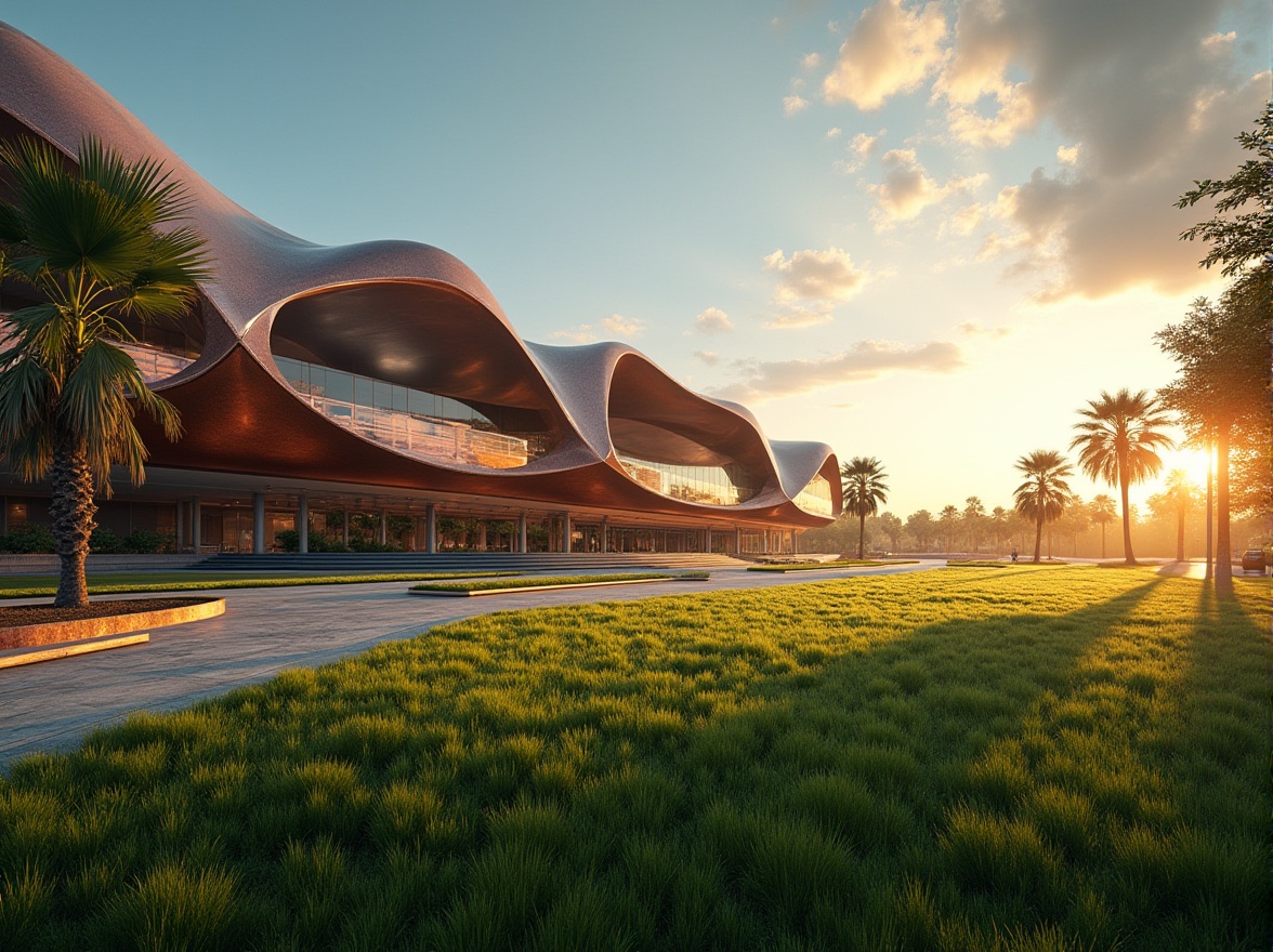 Prompt: Savanna stadium, modern architecture, copper accents, sleek lines, abstract shapes, geometric patterns, innovative designs, futuristic atmosphere, sunset warm lighting, soft shadows, vibrant green grass, lush tropical trees, distant blue sky, panoramic view, 3/4 composition, low-angle shot, dramatic contrast, metallic texture, reflective surface, industrial material.