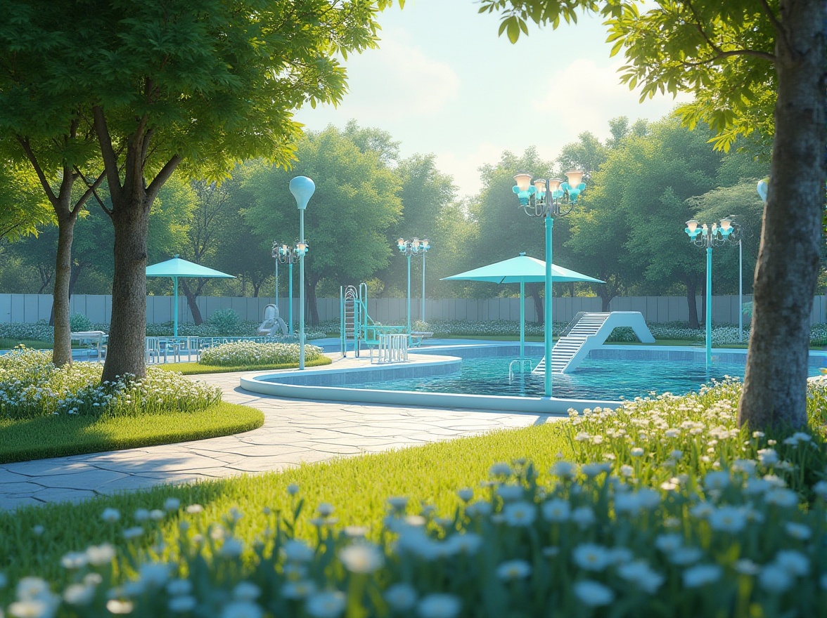 Prompt: light blue theme, serene park atmosphere, sunny afternoon, lush green grass, vibrant flowers, gentle breeze, tranquil water features, modern benches, sleek metal railings, light blue accents on lamp posts, playground equipment, winding walkways, natural stone pathways, blooming trees, dappled shade, soft focus background, warm lighting, 3/4 composition.