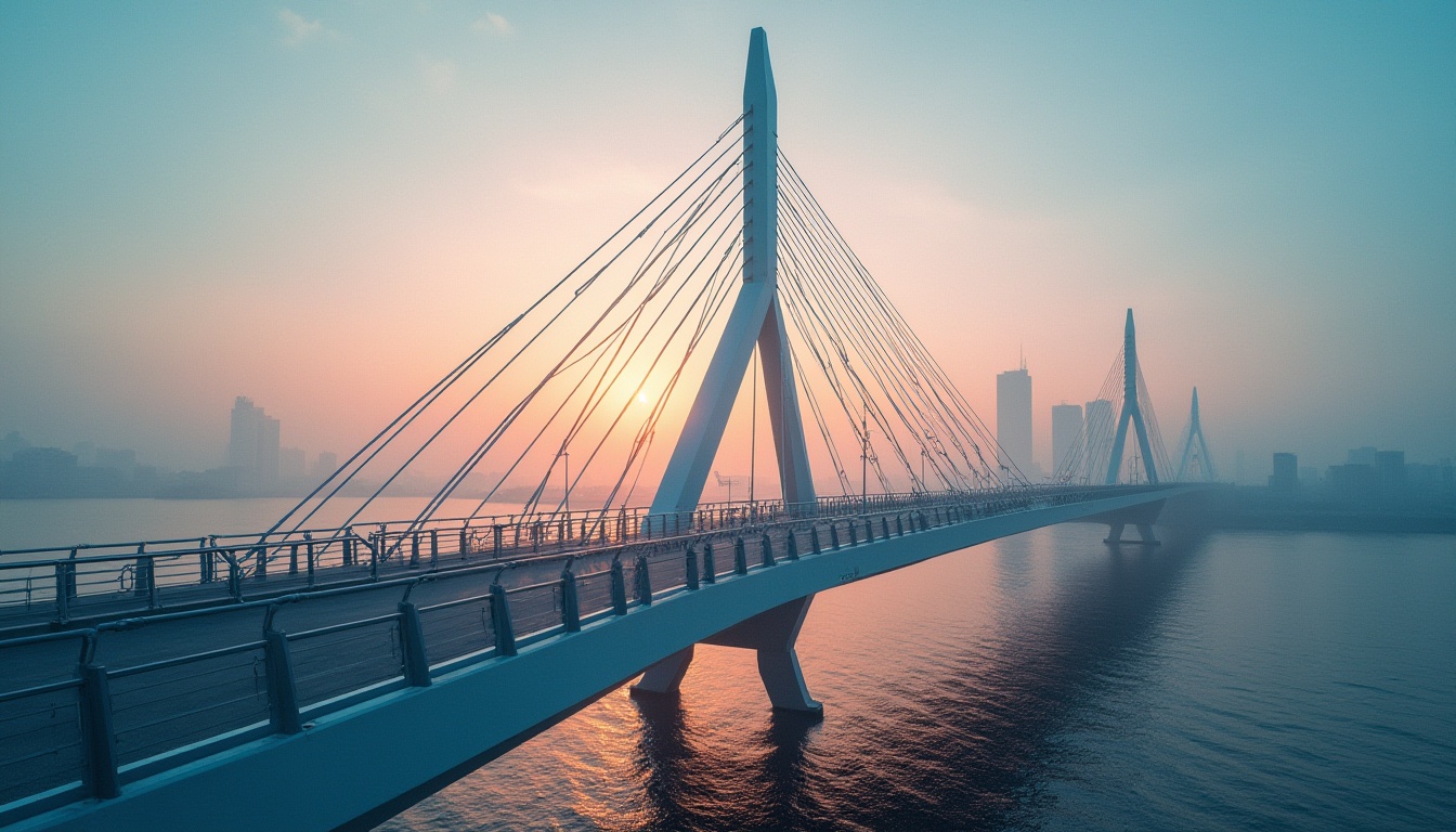 Prompt: Periwinkle-colored, modern suspension bridge, sleek lines, metallic texture, gentle curves, urban cityscape, waterfront, sunset time, warm soft lighting, dramatic shadows, pedestrian walkway, subtle railings, geometric shapes, steel cables, bold architectural design, vibrant periwinkle hue, striking contrast with surrounding environment, misty atmosphere, cinematic composition, wide-angle shot, high dynamic range, 3/4 view.