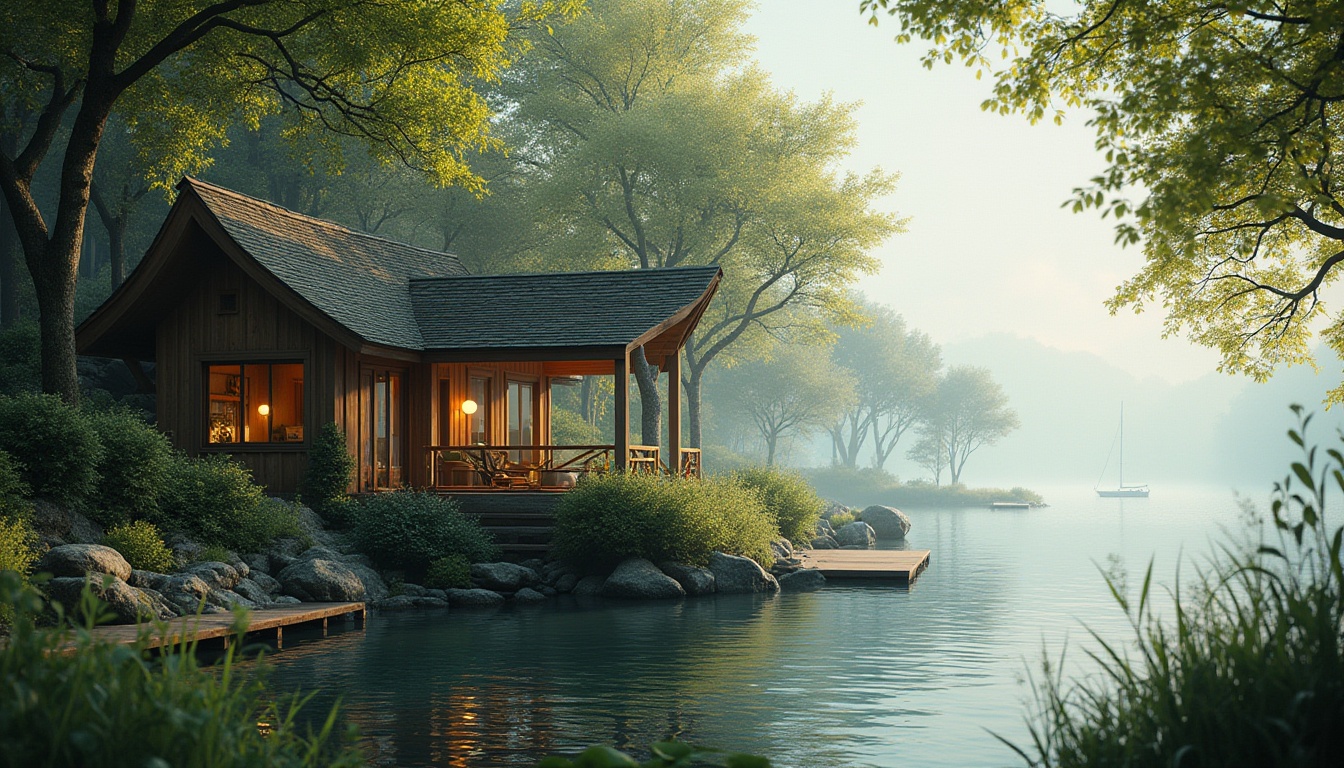 Prompt: Waterfront boathouse, harmonious integration with nature, lush greenery, overhanging trees, rustic wooden pillars, natural stone foundation, curved lines, soft morning light, misty atmosphere, serene lake, gentle ripples on water surface, surrounded by tall reeds, few sailboats in distance, wooden dock, vines climbing up walls, earthy tones, blending into surroundings, peaceful ambiance, warm colors, cozy interior lighting.