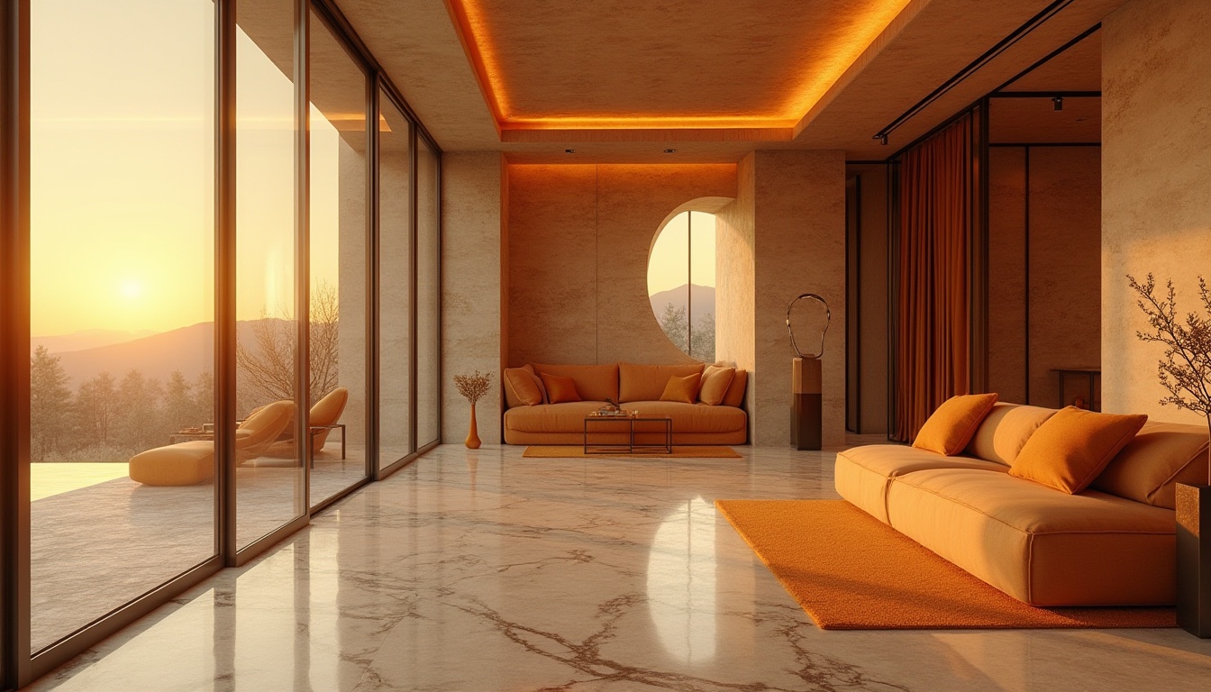 Prompt: Ocher-colored building, modern architecture, luxurious villa, sunset background, warm golden light, detailed stone walls, large glass windows, sleek metal frames, minimalist design, open floor plan, spacious interior, ocher-hued marble flooring, matching ocher-colored furniture, elegant decorations, ambient lighting, 3/4 composition, cinematic atmosphere, realistic rendering.