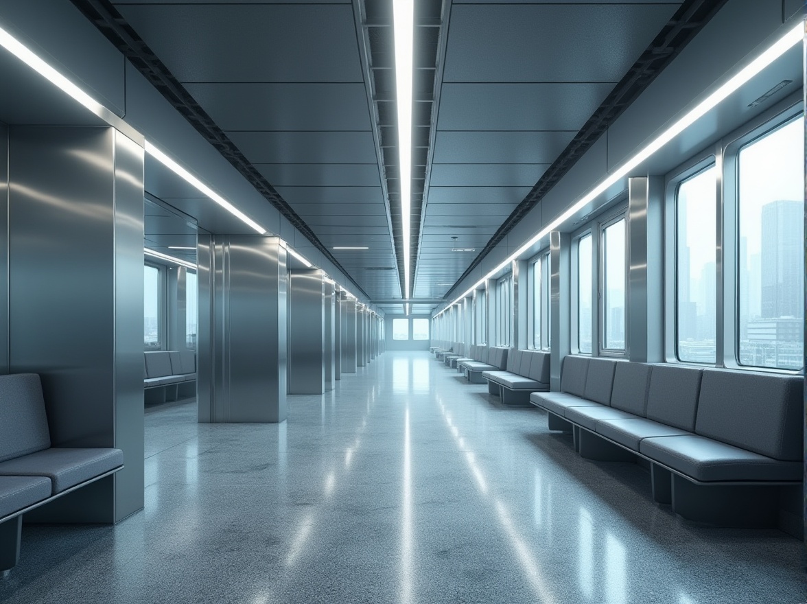 Prompt: Modern metro station interior, futuristic atmosphere, sleek lines, stainless steel pillars, gray granite floors, bright LED light strips, comfortable benches with cushions, durable easy-clean fabric upholstery, subtle texture, matte finish, minimalist design, urban feel, morning rush hour scene, softbox lighting, 3/4 composition, shallow depth of field.