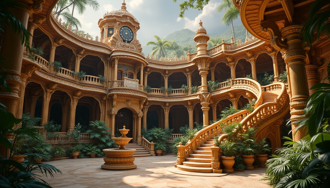 Prompt: Baroque style energy plant, intricate carvings, ornate details, grandiose architecture, incorporating bamboo material, natural textures, earthy tones, curved lines, domed roof, ornamental clock tower, surrounded by lush greenery, tropical plants, exotic flowers, winding staircase, marble flooring, luxurious chandeliers, warm golden lighting, dramatic shadows, 3/4 composition, low-angle shot, cinematic atmosphere.