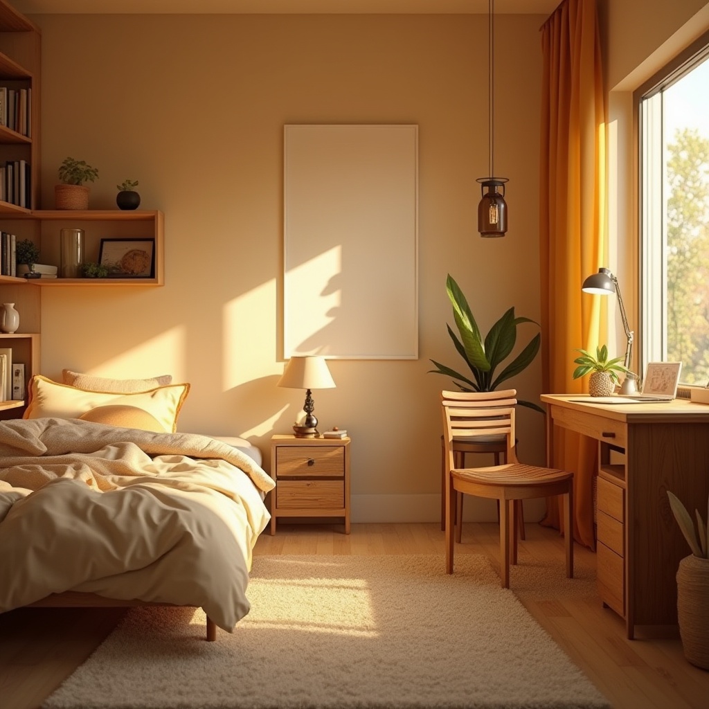 Prompt: Cozy dorm interior, amber color scheme, warm glow, wooden furniture, soft cushions, comfortable bedding, gentle lighting, minimalist decor, calm atmosphere, relaxed student, laptop on lap, bookshelf in background, soft carpet, modern simplicity, natural textures, inviting ambiance, afternoon sunbeams, warm shadows, 3/4 composition, soft focus.