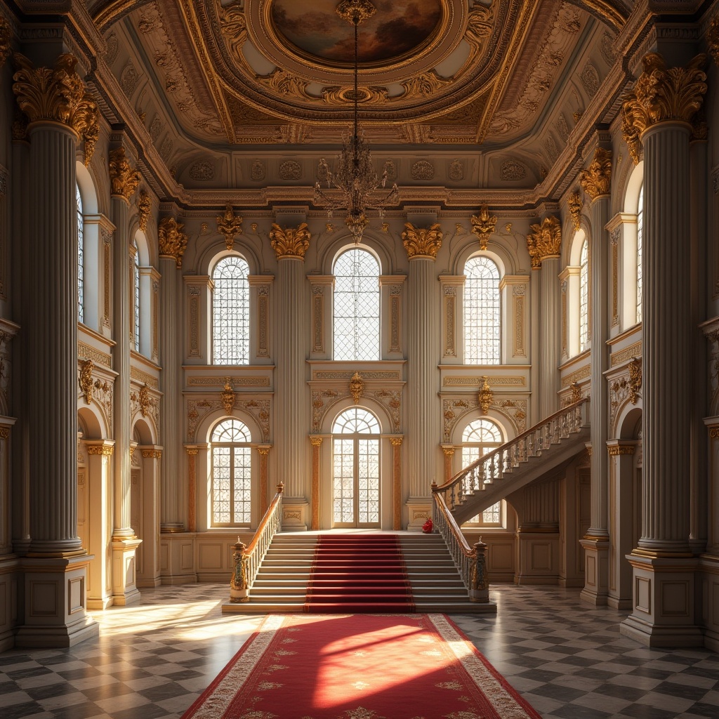 Prompt: Grand, ornate palace, Renaissance style, Italy, 16th century, marble columns, intricate carvings, gold accents, stained glass windows, grand staircase, luxurious red carpet, majestic chandelier, high ceiling, ornate fresco, detailed moldings, Baroque details, warm sunlight, soft shadows, dramatic lighting, low-angle shot, symmetrical composition.