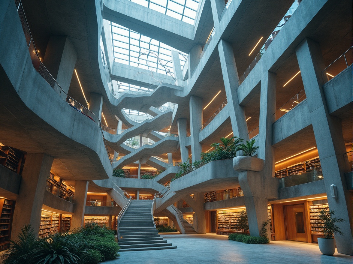 Prompt: Modern architectural building, library, structuralism style, grandiose scale, imposing concrete pillars, angular geometric shapes, cantilevered roof, floor-to-ceiling windows, natural light pouring in, wooden bookshelves, spiral staircases, open atrium, greenery interior, futuristic ambiance, urban cityscape background, blue hour lighting, low-angle composition, wide-angle lens.